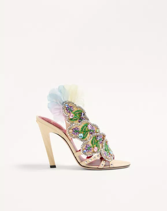 Valentino Dans Le Foyer Sandal In Moiré Fabric With Floral Embroidery And Feathers 105Mm - Image 1